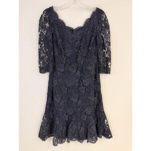 Lourdes Chavez Dress Sz 10 Navy Blue Lace 3/4 Sleeve Midi Formal Couture Silk US